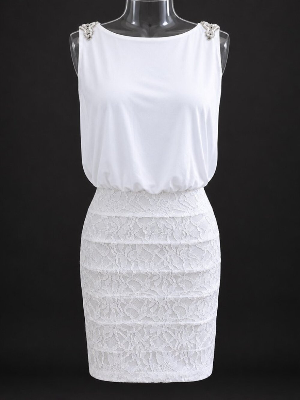 City Studio White Lace Cocktail Dress Pearl Rhinestone Open Back Size 1